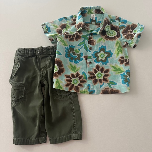 Gap 12-18 Months Baby Boy Floral Linen Shirt & Pants Set Outfit Summer Spring - Picture 1 of 5
